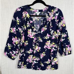 Crown & Ivy Top Womens L Navy Blue Floral Print Peasant Blouse Casual Ladies
